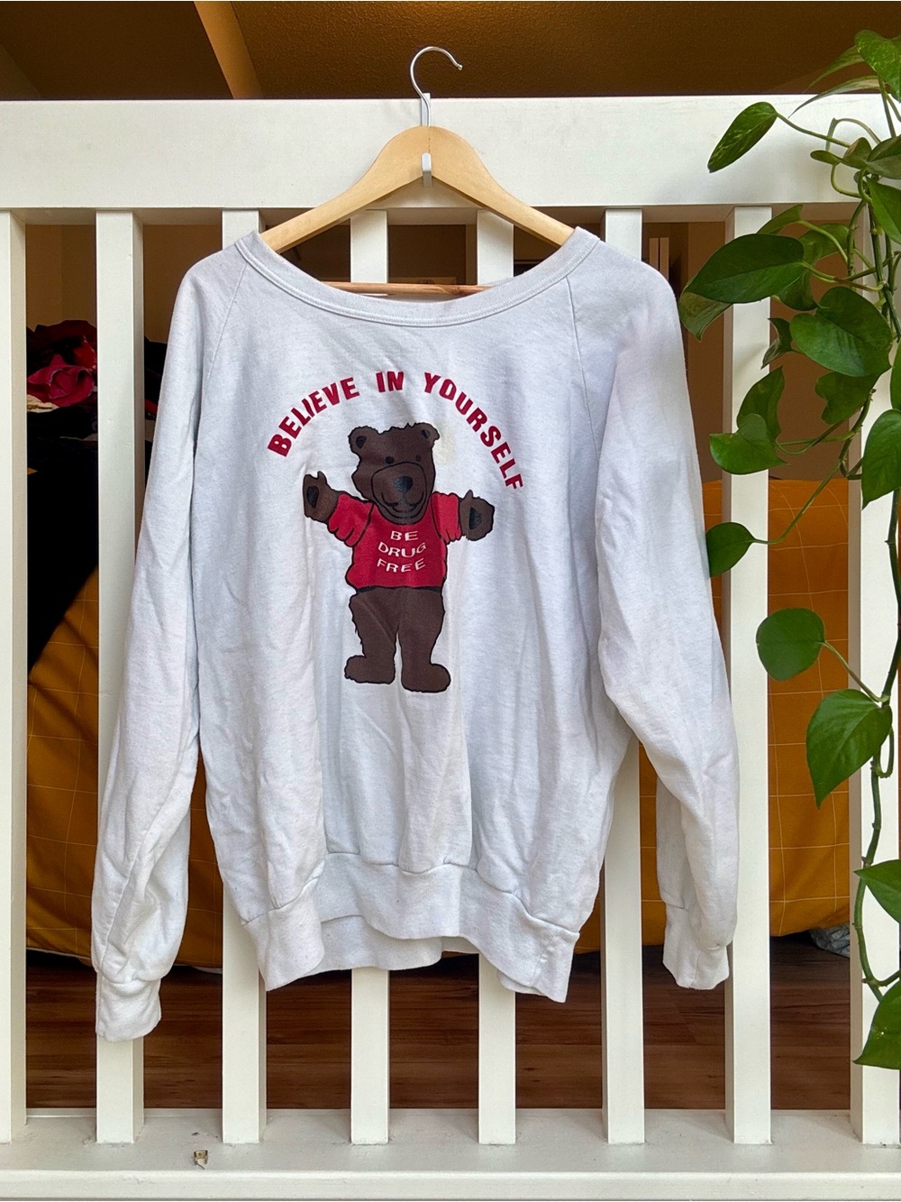White Crewneck Sweatshirt with Bear Graphic - Believe In Yourself